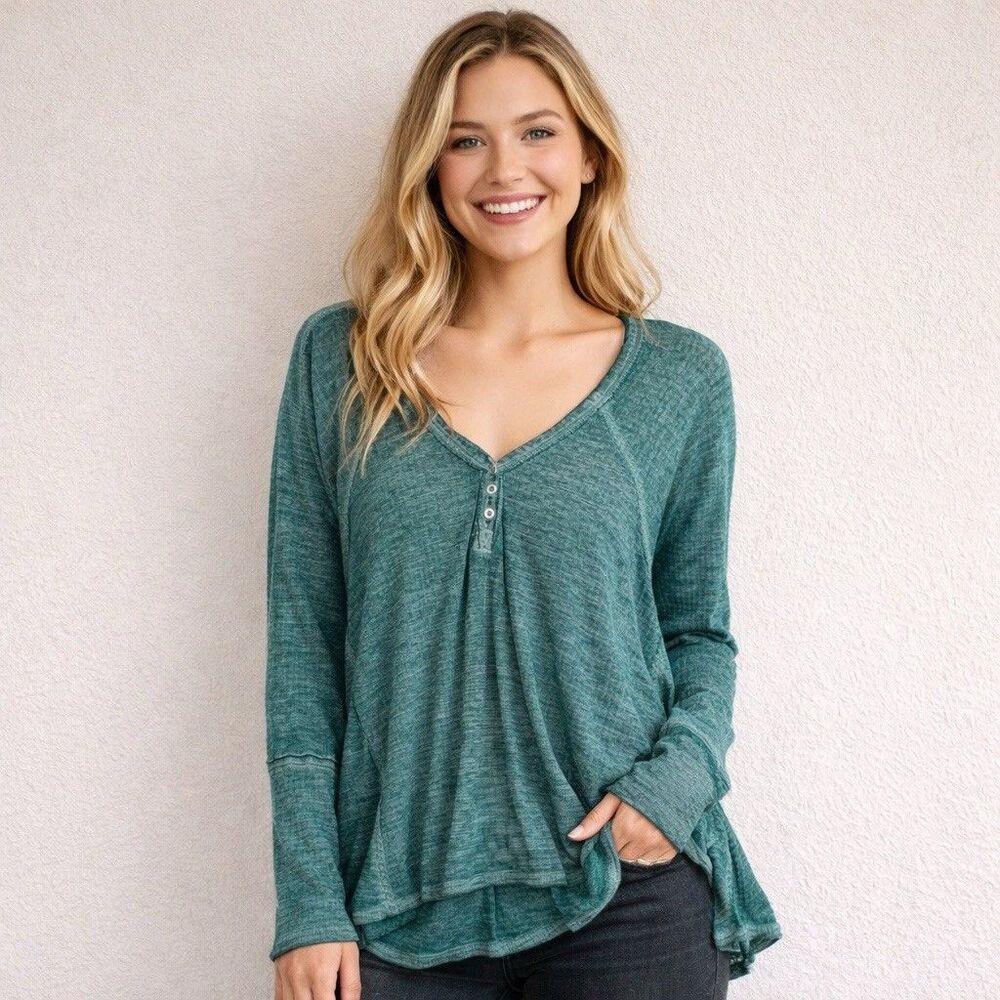 Free People We The Free Citrine Thermal Top Women Small Green Boho Minimalist